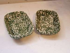 Henn Pottery 2 GREEN SPONGEWARE SOLID TREAT DISHES  