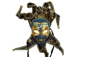 Male Jester Full Face Venetian Mask in Dark Blue/Gold  