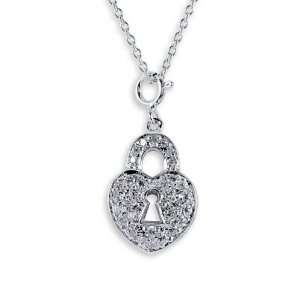    Solid 925 Sterling Silver CZ Lock Heart Charm Necklace: Jewelry