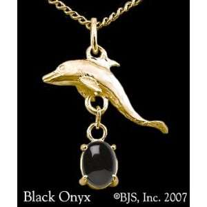  Dolphin Gemstone Necklace, 14k Yellow Gold, Black Onyx set 