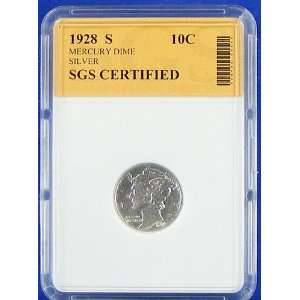 1928 S Mercury Silver Dime SGS Certified Authentic 