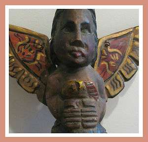 Carved Wood Wooden Folk Art Primitive Santos Winged Angel  