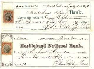   Checks, MARBLEHEAD NATIONAL BANK, Marblehead, MA., 1872 75  