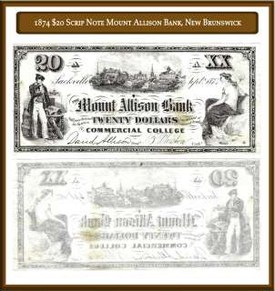 1874 $20 Scrip Note Mount Allison Bank, New Brunswick  