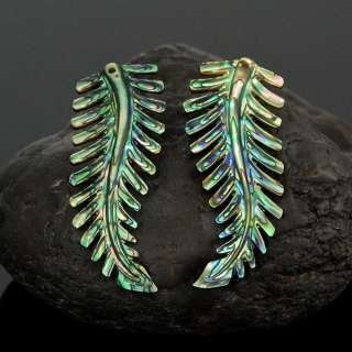 Green PAUA ABALONE SHELL Earring PAIR Iridescent Carved Fern Leaves 2 