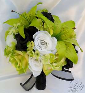  Bridal Bouquet Set Decoration Package Silk Flower BLACK GREEN lily