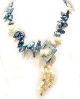   Large Blue & White Blister Pearls   Fine Fashion Tie Necklace  