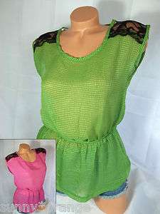New Green Pink sheer light lace shirt top blouse S M L  