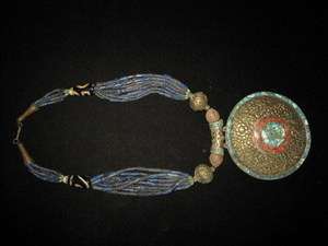 Old Nepal Tibet Lapis Lazuli Dzi Bead Pendant Necklace  