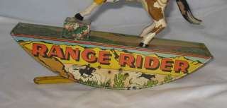 1930s MARX RANGE RIDER TIN LITHO WIND UP COWBOY ROCKING TOY GREAT 