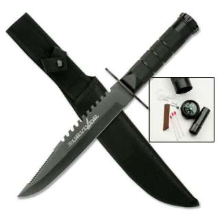 NEW! 15 Black Survival Knife w/ Kit, Compass, Sheath  