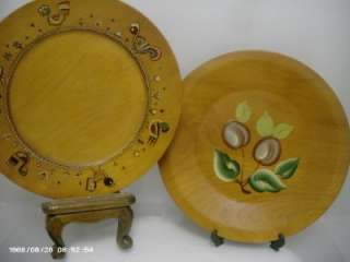 Pair (2) Vintage Handpainted Solid Wood Plates 9 Dia.  