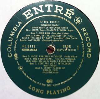 UNIVERSITY OF REDLANDS CHOIR sing noel LP VG RL 3112 Vinyl 1954 Record 