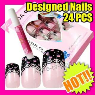 24 pink Lace Artificial Nail Art Tips + Glue S233  
