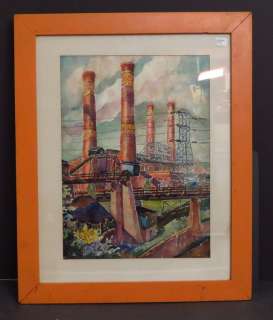 Elmer Adams Impressionist Watercolor Painting City Factory Oct. 1933 