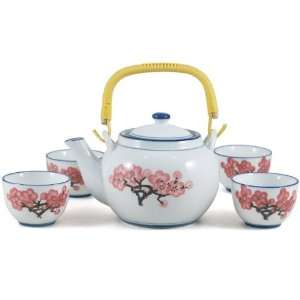  Japanese Cherry Blossom Teapot & 4 Cups, 5 Piece Set 