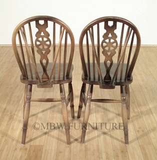Vintage English Dark Oak Brace Back Windsor Dining Chairs Set (6 