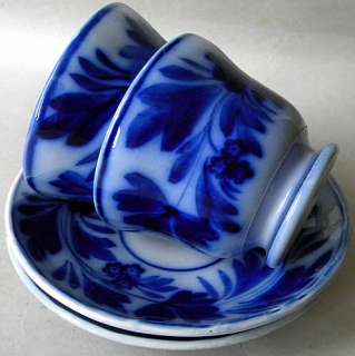 PAIR Brush Stroke FLOW BLUE Antique CUP & SAUCER Sarreguemines  