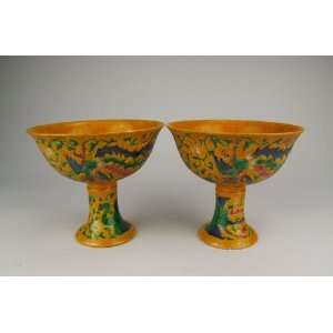  of Fahua Coloring Glaze Porcelain Stem foot Bowls, Chinese Antique 