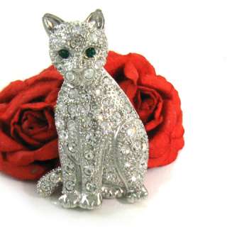 Silver Tone Kitty Cat Emerald Eye Rhinestone Pin Brooch  