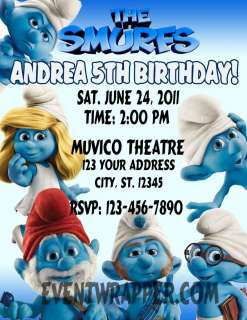 SMURFS MOVIE BIRTHDAY PARTY INVITATIONS FAVORS  