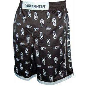 CAGE FIGHTER ALL OVER LOGO BLACK MMA FIGHT SHORTS  