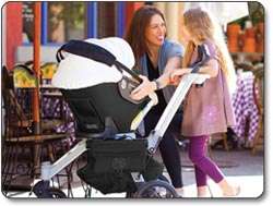 Car seat docks on the stroller frame and can rotate up to 360 
