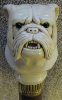 Great Carved Bone Glass Eyes English Bulldog Bust Handle Gold Cane 