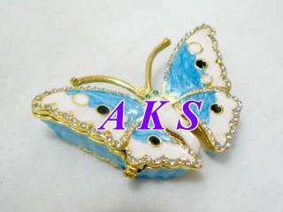 Blue Butterfly Trinket Jewelry Crystal Ring Box AA11  