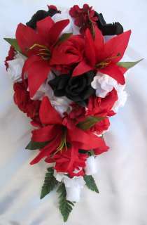 21 Pieces Bridal Bouquet Wedding Flower Decoration Package LILY RED 