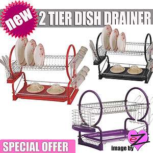 Tier Dish Drainer in Red Black or Purple Cutlery Caddy and Drip Tray 