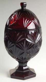 RUBY RED Glass CANDY DISH Covered Egg Shaped Footed Hexagon Oval MINT 