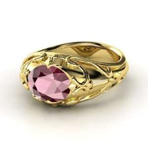   Hearts Crown Ring, Oval Rhodolite Garnet 14K Yellow Gold Ring Jewelry