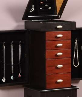   and Black Wooden Jewelry Armoire. Necklace Storage & 5 Drawers  