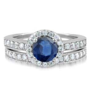 Sapphire Diamond Engagement Wedding Ring Bridal Set 14k White Gold 