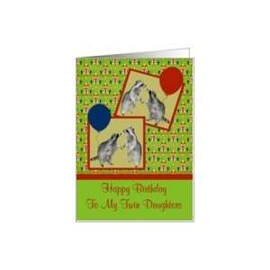  Birthday To Twin Daughters, Raccoons with balloons Card 