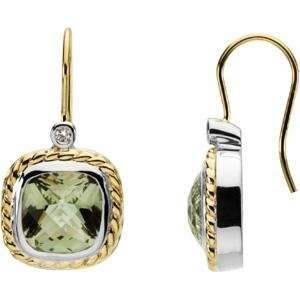  Green Quartz Diamond Earrings in 14k Two tone Gold 