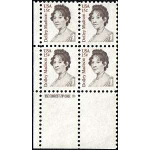 DOLLEY (Dolly) MADISON #1822 Zip (code) Block of 4 x 15¢ US Postage 