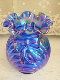   Gorgeous~Fenton Blue Carnival Glass Bow and Drape Vase~MINT!  