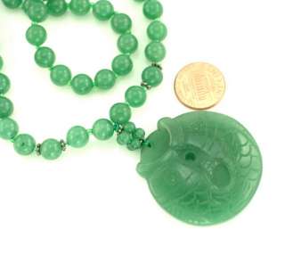   Green Jade Carved Double Fish Pendant Hand Etched Beaded Necklace