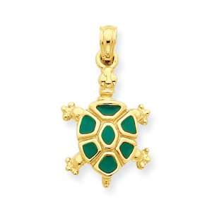  14k Gold Green Enamel Land Turtle Pendant Jewelry