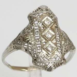   White Gold Filigree Art Nouveau Diamond Antique Estate Ring: Jewelry