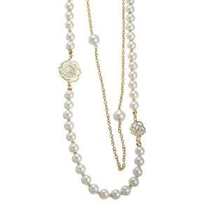   Goldtone Faux Pearl and Mother of Pearl Rose Design Necklace Jewelry
