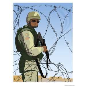 Soldier in Uniform Gun, Near Barbed Wire Fence Premium Poster Print 