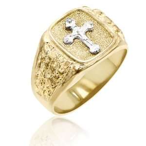    Mens 14K Yellow Gold Ring Accented With White Gold Cross Jewelry