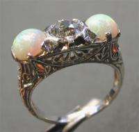 Antique Platinum Filigree Ring Diamond & Opal 1920s  