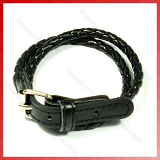 Fashion Weaved Leather Double Wrap Belt Bracelet Black  