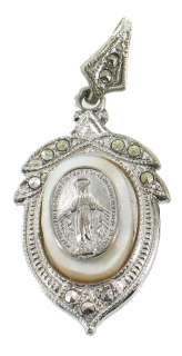 ANTIQUE STERLING MOP + MARCASITE BLESSED MOTHER PENDANT  