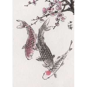   Chinese Watercolor Plum Blossom KOI Fish 