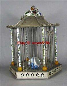 old TIBETAN SILVER INLAY CLOISONNE TOWER bird cage  